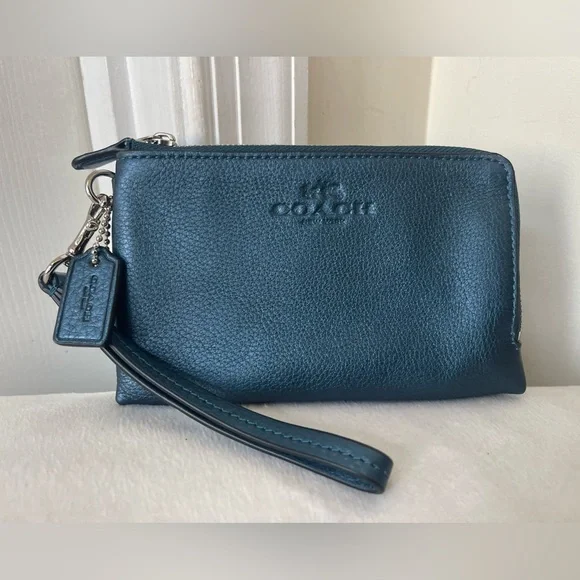 Coach Teal Blue Double Zip Leather Wristlet via - Picture 1 of 12